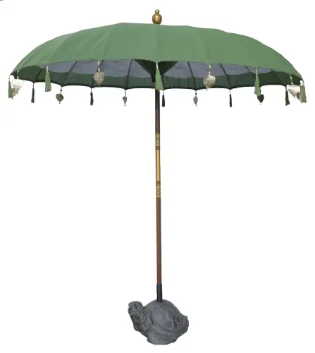 Product image of the product “Bali umbrella , moss with wooden coins and gold leaves hanging around the edge. Approx. 230cm dia. and 250cm height ”